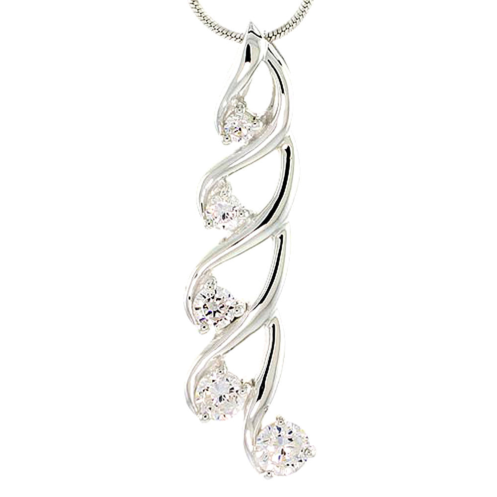 Sterling Silver Swirl Design Graduated Journey Pendant w/ 5 CZ Stones, 1 1/2" (37mm) tall