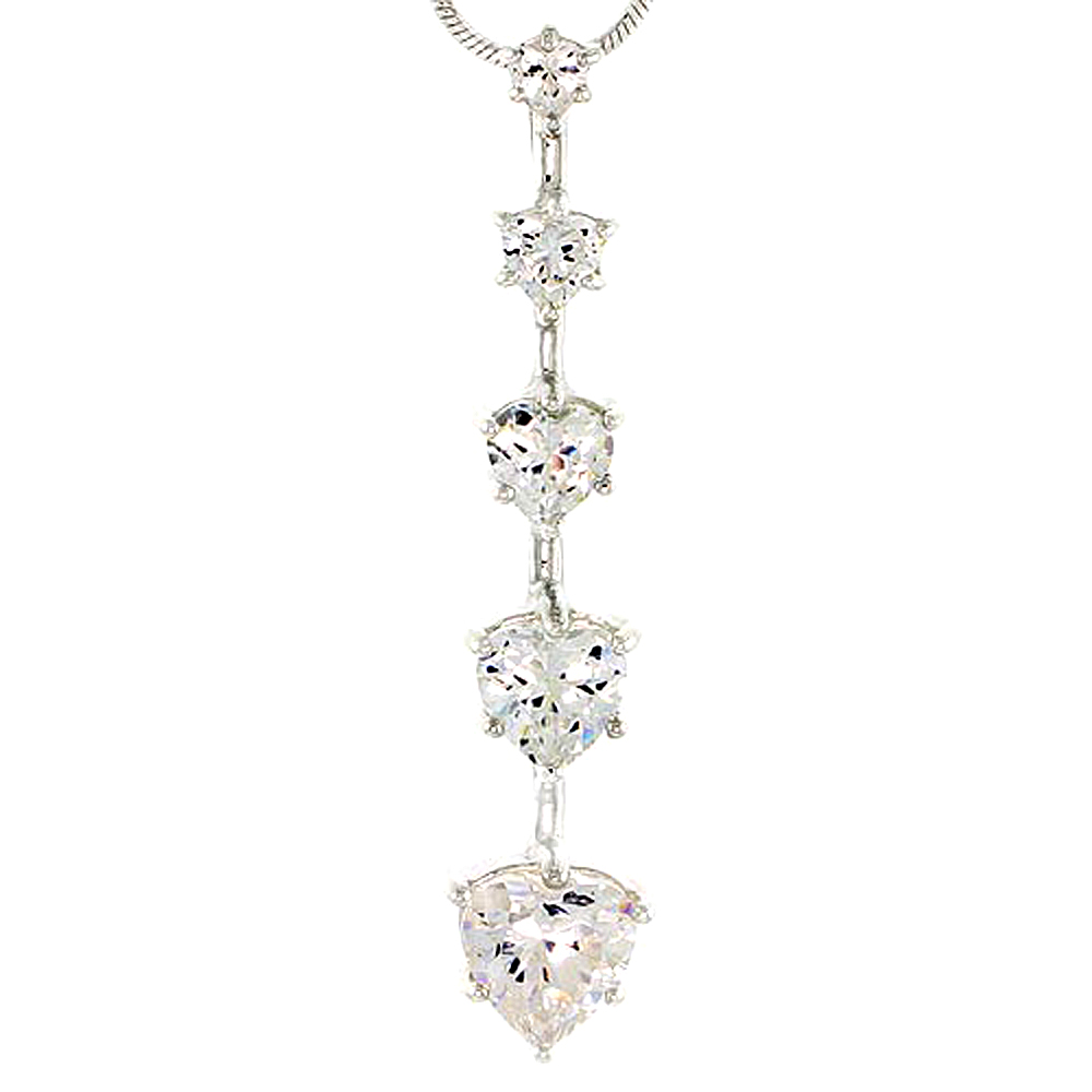 Sterling Silver Graduated Journey Pendant w/ 5 Heart-shaped High Quality CZ Stones, 1 5/8" (42 mm) tall