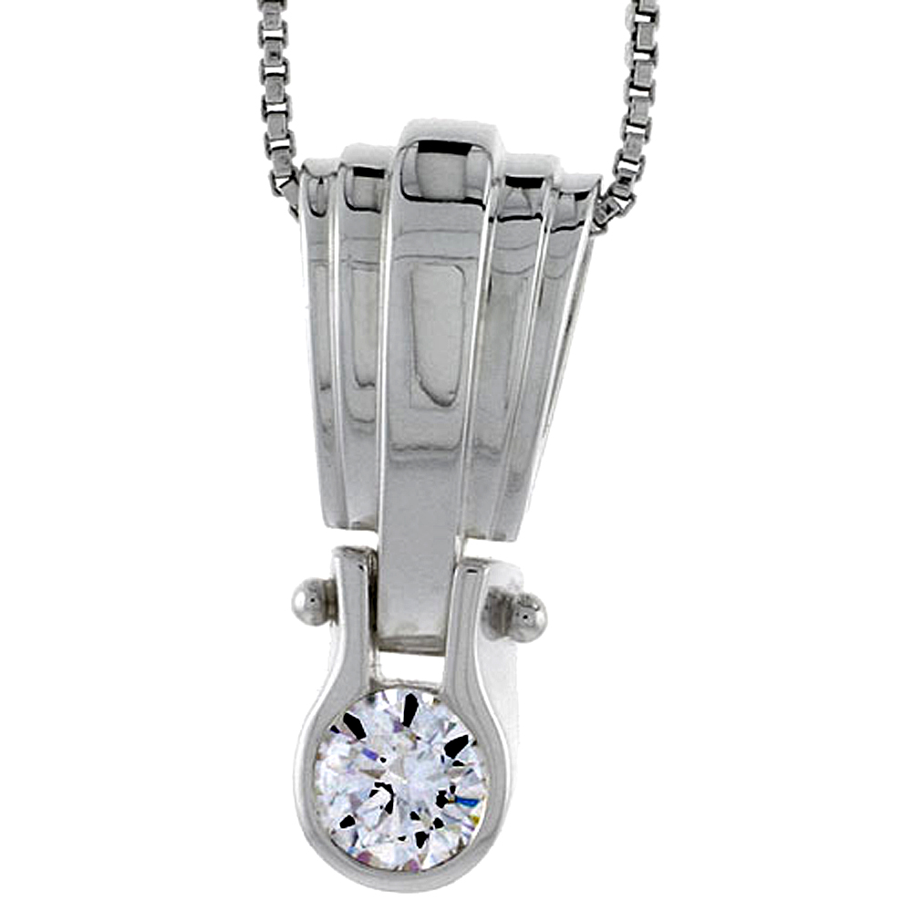 High Polished Sterling Silver 1" (25 mm) tall Pendant Enhancer, w/ 6mm Brilliant Cut CZ Stone, w/ 18" Thin Box Chain