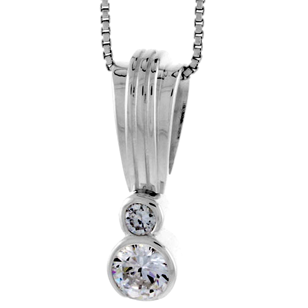 High Polished Sterling Silver 1" (25 mm) tall Pendant Enhancer, w/ one 6mm & one 3mm Brilliant Cut CZ Stones, w/ 18" Thin Box Chain