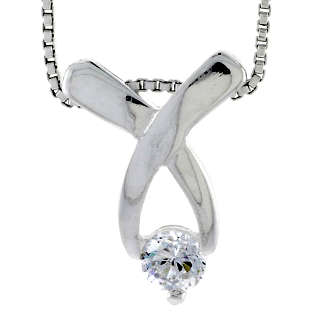 High Polished Sterling Silver 5/8" (16 mm) Round Pendant Slide, w/ 5mm Brilliant Cut CZ Stone, w/ 18" Thin Box Chain