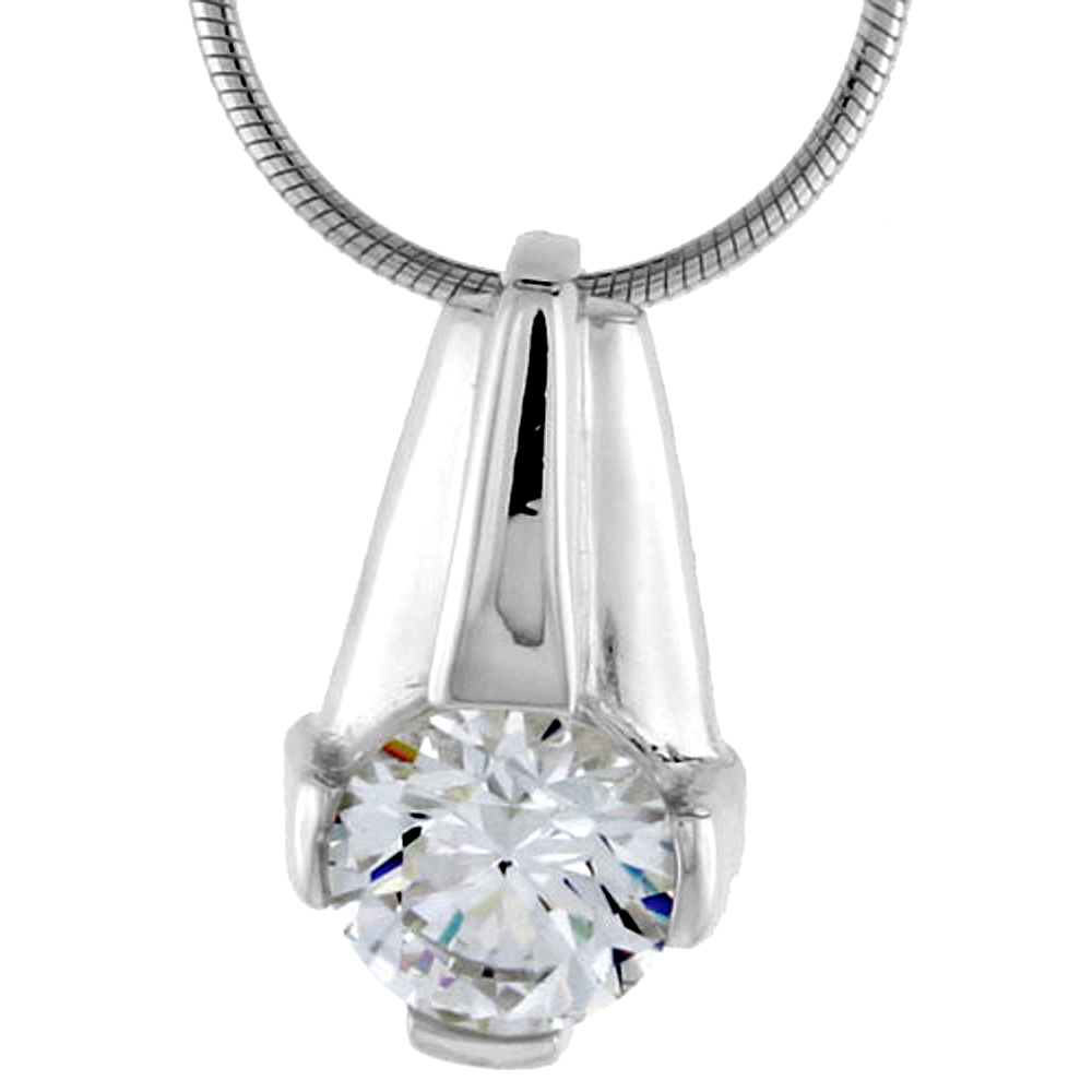 High Polished Sterling Silver 3/4" (19 mm) tall Pendant Enhancer, w/ 8mm Brilliant Cut CZ Stone, w/ 18" Thin Box Chain