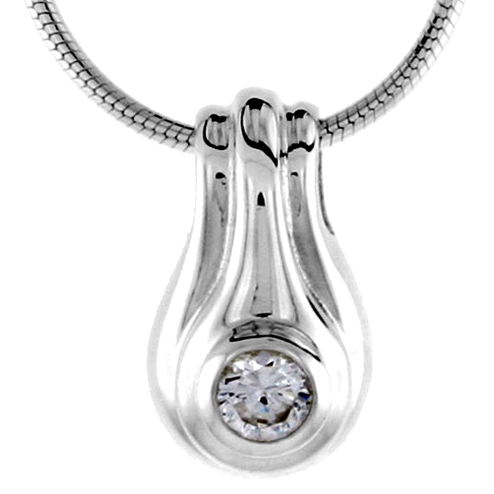 High Polished Sterling Silver 9/16" (14 mm) tall Pendant Enhancer, w/ 3.5mm Brilliant Cut Amethyst-colored CZ Stone, w/ 18" Thin Box Chain