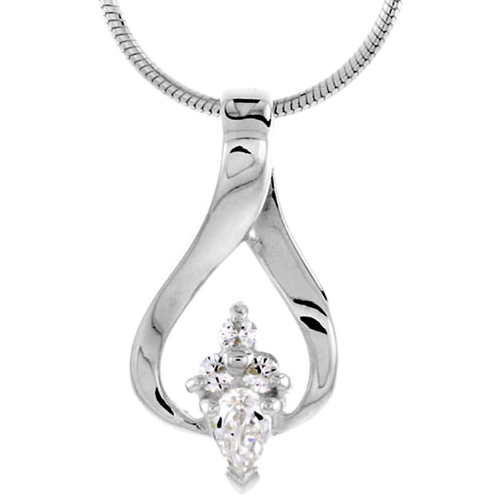 High Polished Sterling Silver 7/8&quot; (22 mm) tall Pendant Slide, w/ one 5x3mm Pear Cut &amp; three 2mm Brilliant Cut CZ Stones, w/ 18&quot; Thin Box Chain