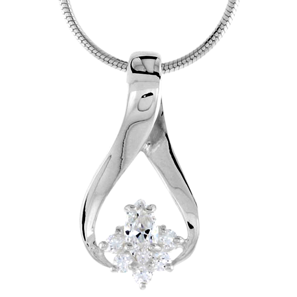 High Polished Sterling Silver 7/8" (22 mm) tall Cluster Pendant Slide, w/ one 6x3mm Marquise Cut & five 1.5mm Brilliant Cut CZ Stones, w/ 18" Thin Box Chain