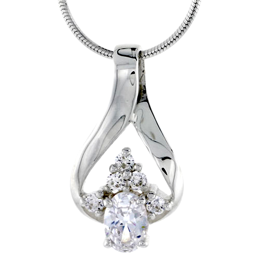 High Polished Sterling Silver 15/16" (24 mm) tall Cluster Pendant Slide, w/ one 7x5mm Oval Cut & five 2mm Brilliant Cut CZ Stones, w/ 18" Thin Box Chain