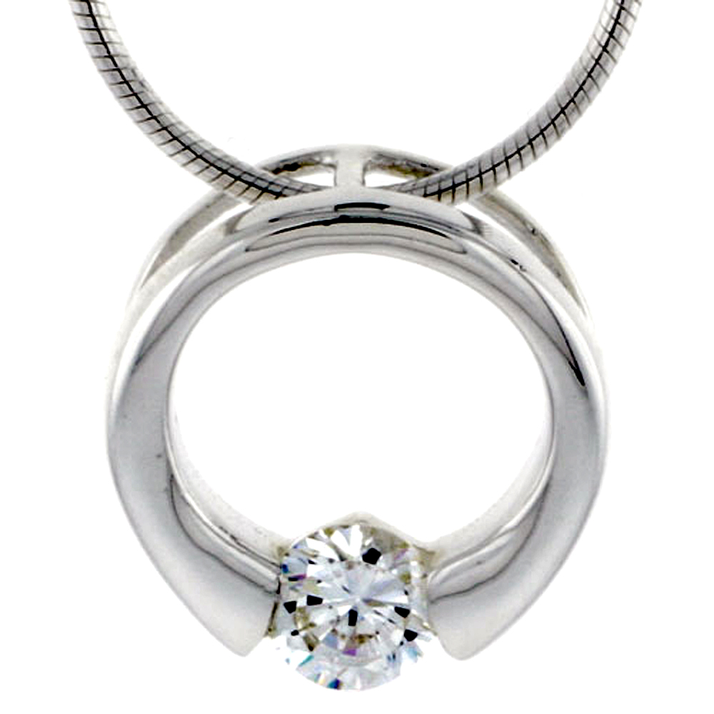 High Polished Sterling Silver 9/16" (15 mm) Round Pendant Slide, w/ 5mm Brilliant Cut CZ Stone, w/ 18" Thin Box Chain