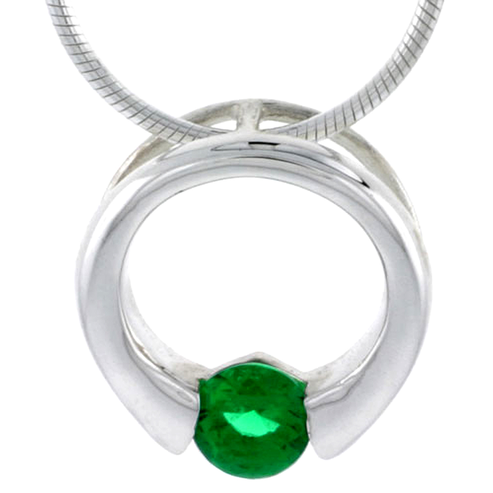 High Polished Sterling Silver 9/16" (15 mm) Round Pendant Slide, w/ 5mm Brilliant Cut Emerald-colored CZ Stone, w/ 18" Thin Box Chain