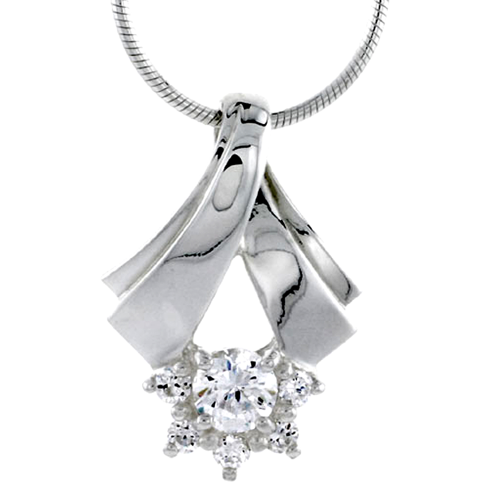 High Polished Sterling Silver 7/8" (23 mm) tall Cluster Pendant Slide, w/ one 5mm & five 2mm Brilliant Cut CZ Stones, w/ 18" Thin Box Chain
