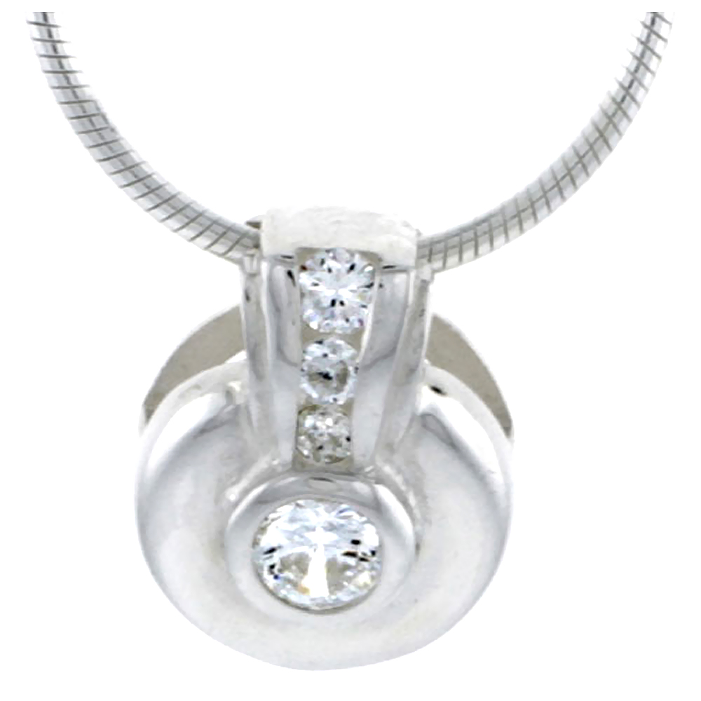 High Polished Sterling Silver 1/2" (12 mm) Round Pendant Slide, w/ Graduated Journey Brilliant Cut CZ Stones, w/ 18" Thin Box Chain