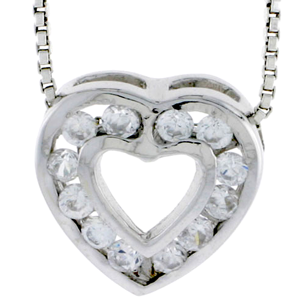 High Polished Sterling Silver 1/2&quot; (13 mm) tall Heart Pendant Slide, w/ Twelve 2mm Brilliant Cut CZ Stones, w/ 18&quot; Thin Box Chain