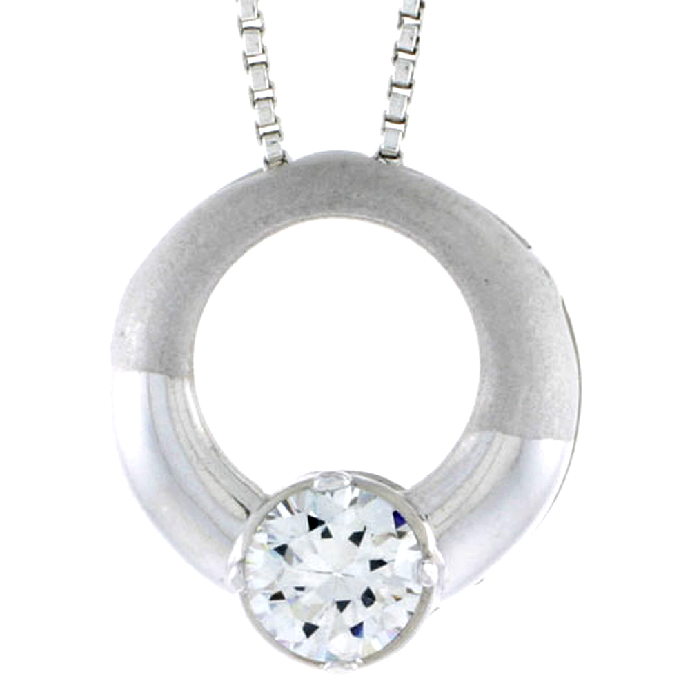 High Polished Sterling Silver 11/16" (17 mm) Round Pendant Slide, w/ 6mm Brilliant Cut CZ Stone, w/ 18" Thin Box Chain