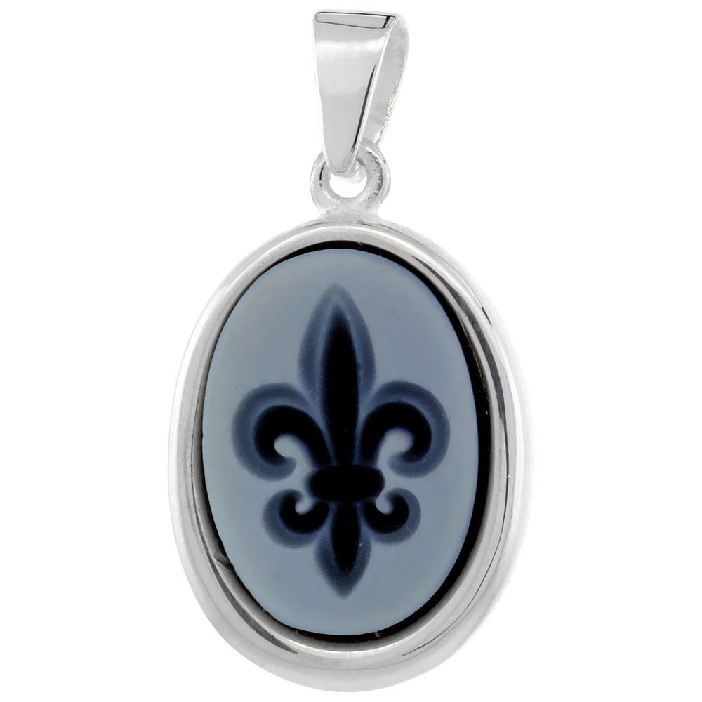 Sterling Silver Natural Blue Agate Cameo Fleur de Lis Pendant 14x10mm