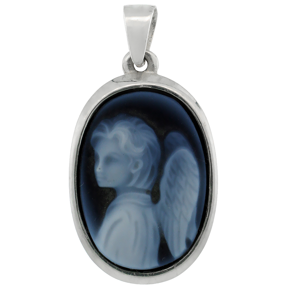 Sterling Silver Natural Blue Agate Cameo Angel Pendant 18x13mm