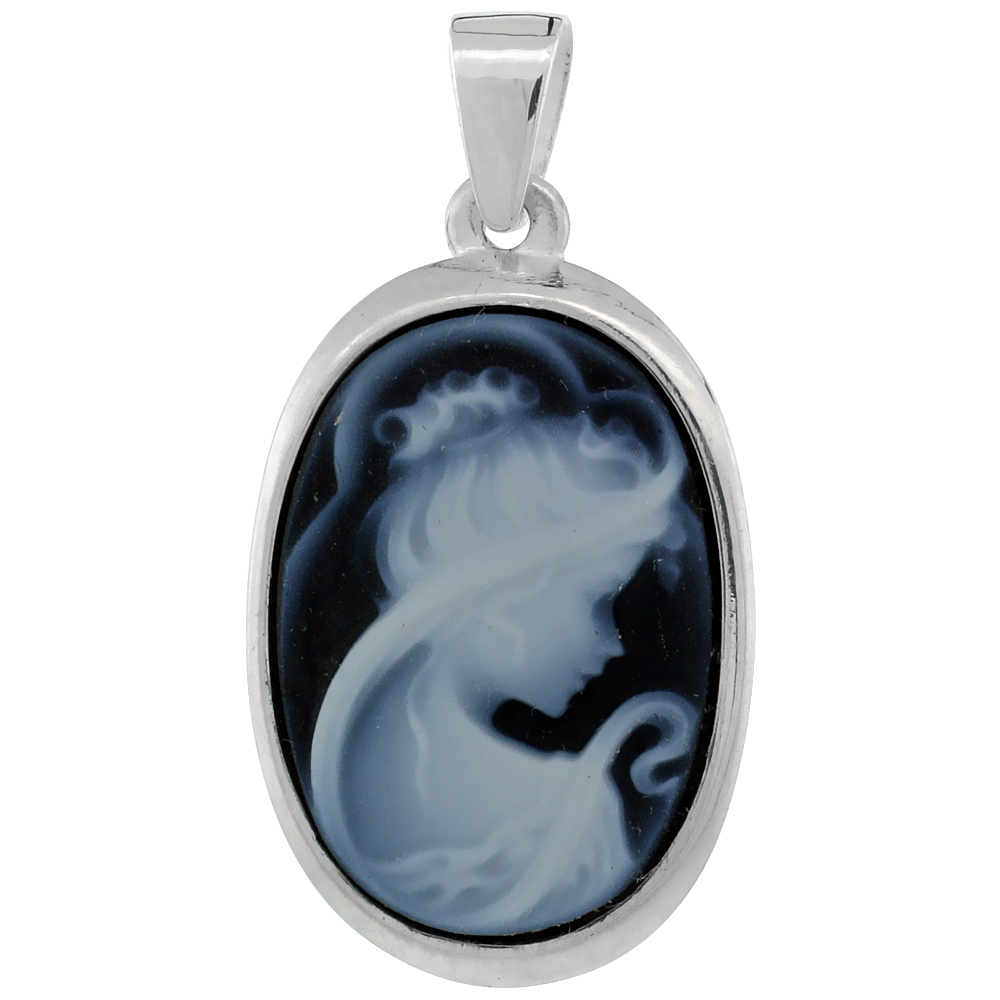 Sterling Silver Natural Blue Agate Cameo Fairy Pendant 18x13mm