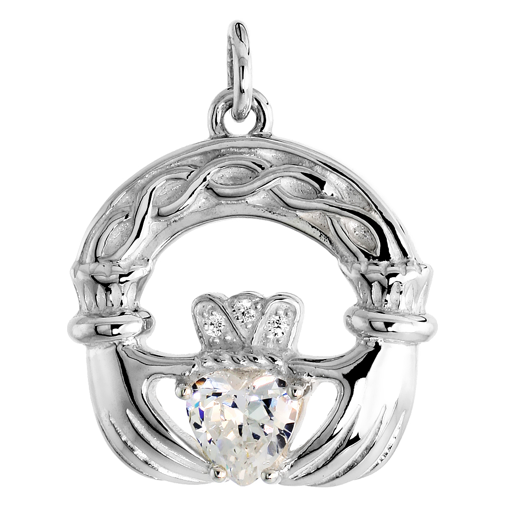 High Polished Claddagh Pendant in Sterling Silver w/ 6mm Heart-shaped CZ Stone, 13/16" (21 mm) tall