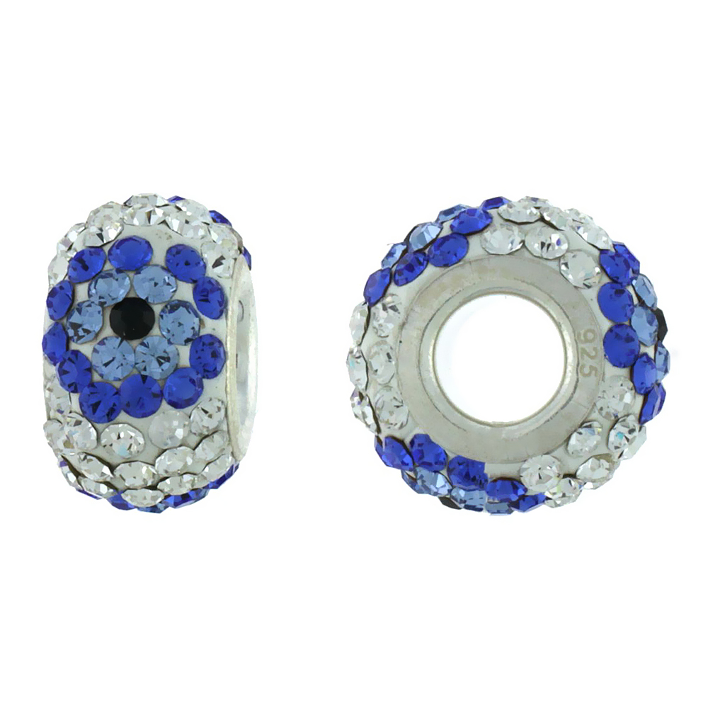Sterling Silver Crystal Charm Bead White Centered With Cobalt, Blue Topaz &amp; Black Color Charm Bracelet Compatible, 13 mm