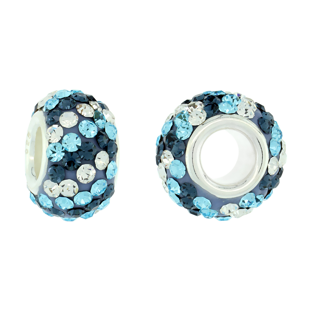 Sterling Silver Crystal Charm Bead Montana Blue, Turquoise & White Spiral Color Charm Bracelet Compatible, 13 mm