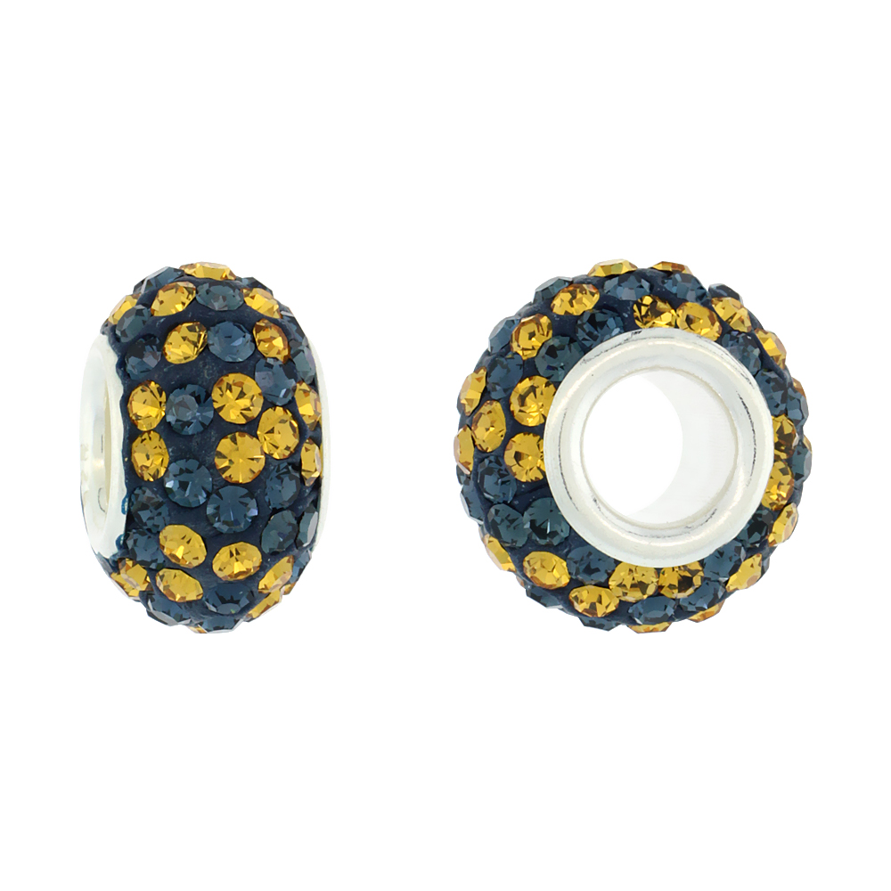 Sterling Silver Crystal Charm Bead Montana Blue & Citrine Polka dot Color Charm Bracelet Compatible, 13 mm