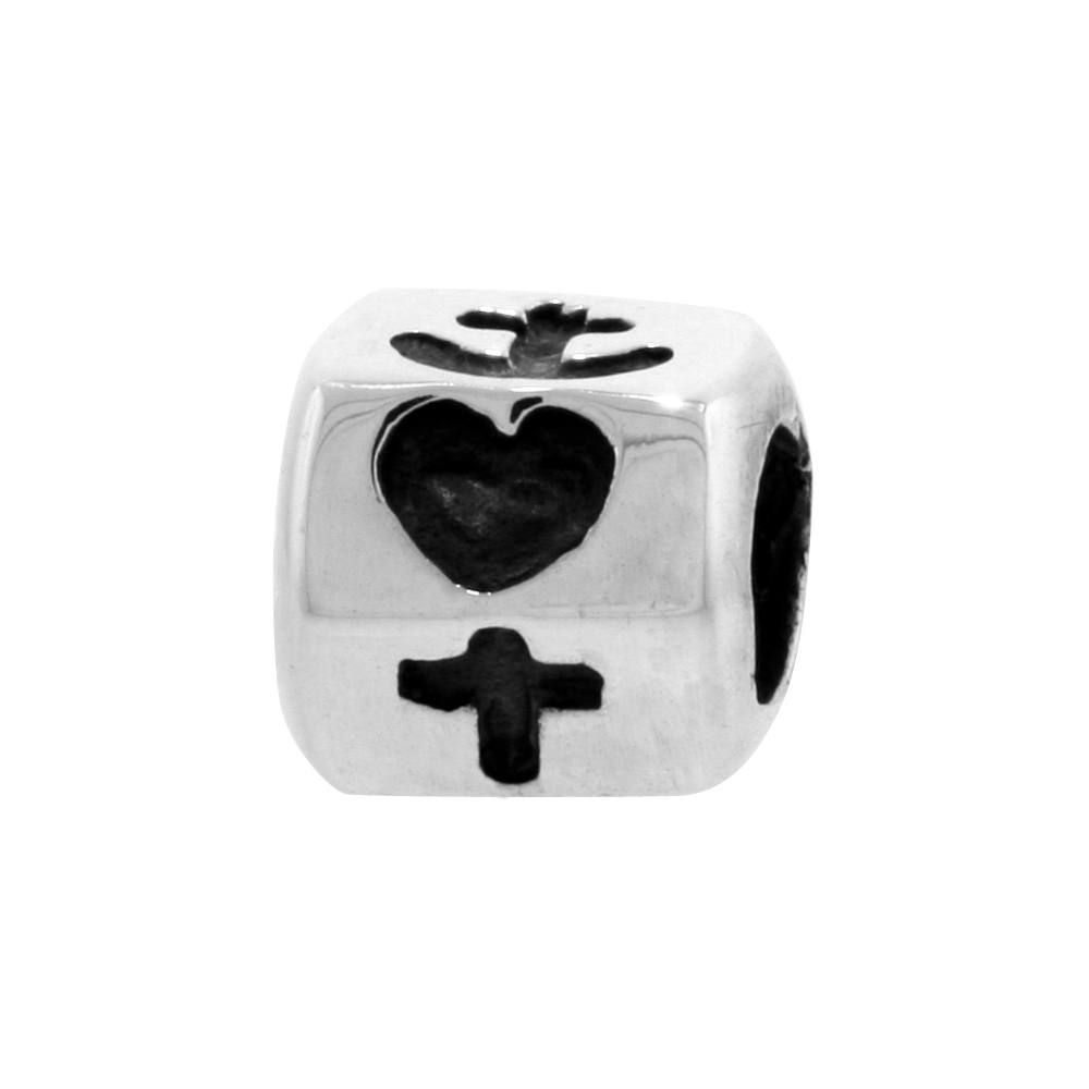 Sterling Silver Faith Hope and Charity Charm Bead for Charm Bracelets fits 3mm Snake Chain Bracelets Oxidized Finish Heart, Cross & Anchor