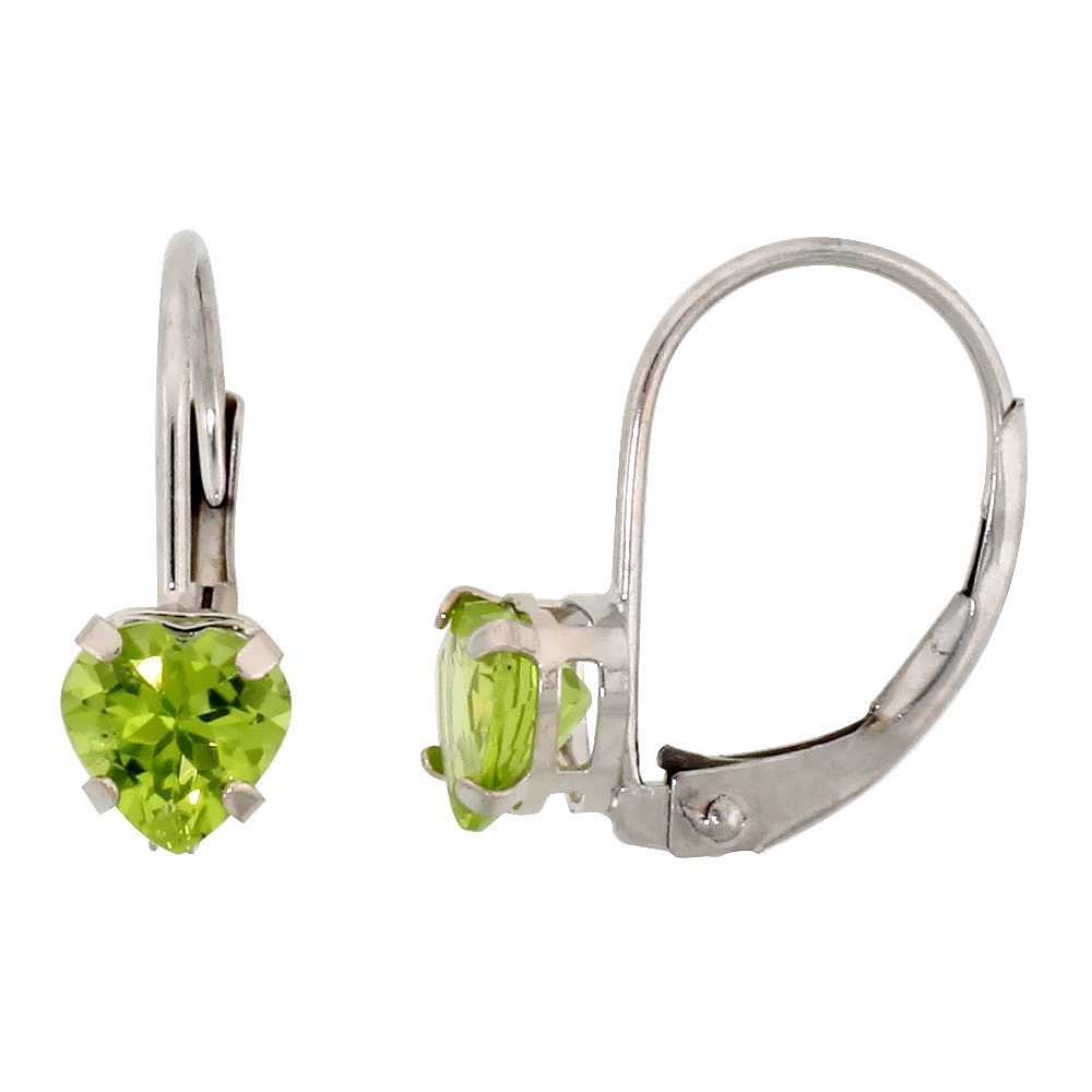 10k White Gold Natural Peridot Heart Leverback Earrings 5mm August Birthstone, 9/16 inch long