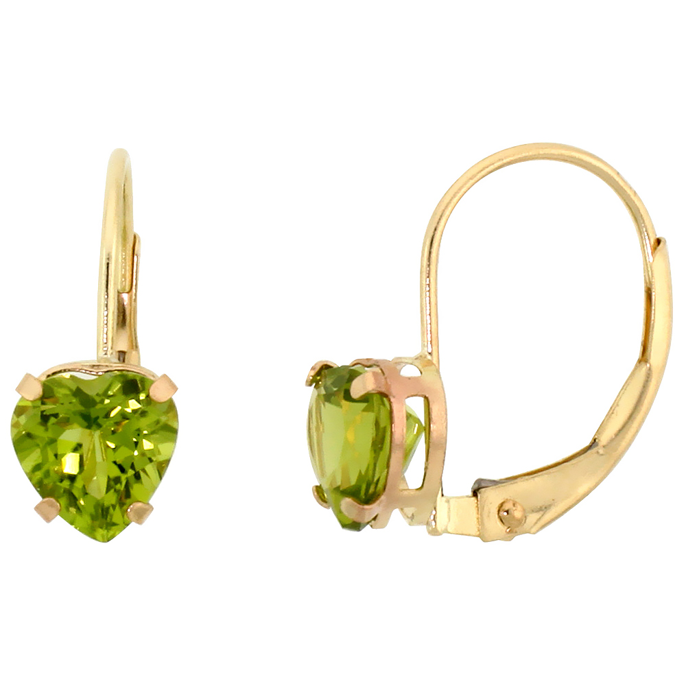 10k Yellow Gold Natural Peridot Heart Leverback Earrings 6mm August Birthstone, 9/16 inch long