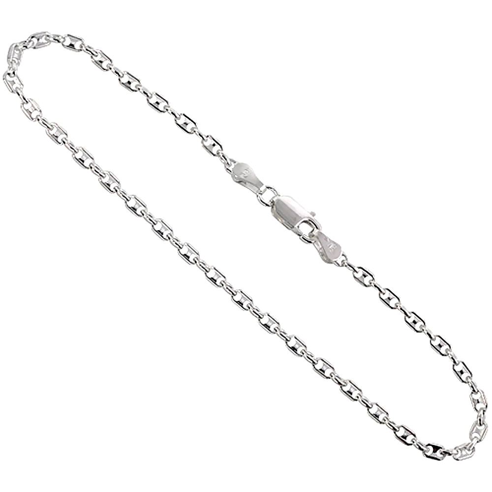 Sterling Silver Puffed Anchor Chain Necklaces &amp; Bracelets 2.4mm Nickel Free Italy, sizes 7 - 30 inch