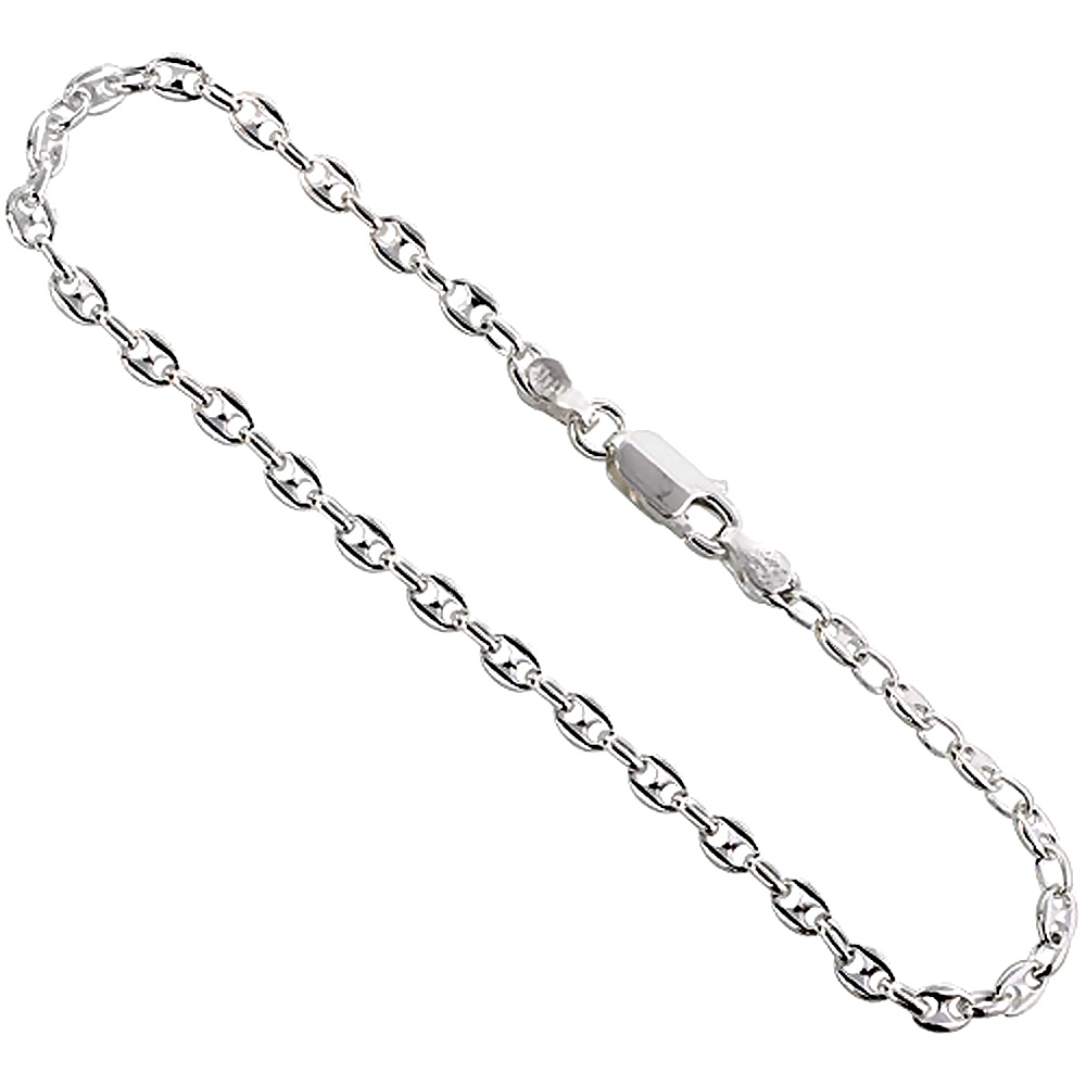 Sterling Silver Puffed Anchor Chain Necklaces &amp; Bracelets 3.4mm Nickel Free Italy, sizes 7 - 30 inch
