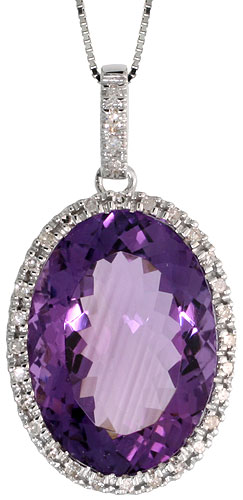 14k White Gold 16&quot; Chain &amp; 1 1/8&quot; (29mm) tall Amethyst Pendant, w/ 0.28 Carat Brilliant Cut Diamonds &amp; 13.85 Carats 18x12mm Oval Cut Amethyst Stone