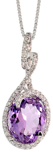 14k White Gold 18&quot; Chain &amp; 1&quot; (26mm) tall Swirl Pendant, w/ 0.26 Carat Brilliant Cut Diamonds &amp; 3.71 Carats 11x9mm Oval Cut Amethyst Stone