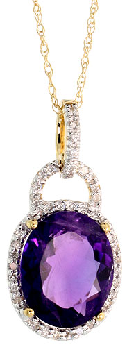 14k Gold 18&quot; Chain &amp; 7/8&quot; (23mm) tall Amethyst Pendant, w/ 0.15 Carat Brilliant Cut Diamonds &amp; 4.70 Carats 11x9mm Oval Cut Amethyst Stone