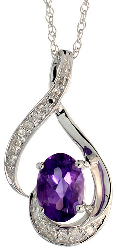 14k White Gold 18&quot; Chain &amp; 3/4&quot; (20mm) tall Loop Pendant, w/ 0.07 Carat Brilliant Cut Diamonds &amp; 0.72 Carat 7x5mm Oval Cut Amethyst Stone