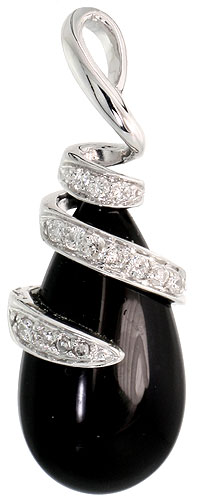 14k White Gold 1 3/16" (30mm) tall Teardrop Onyx Pendant, w/ 0.19 Carat Brilliant Cut Diamonds