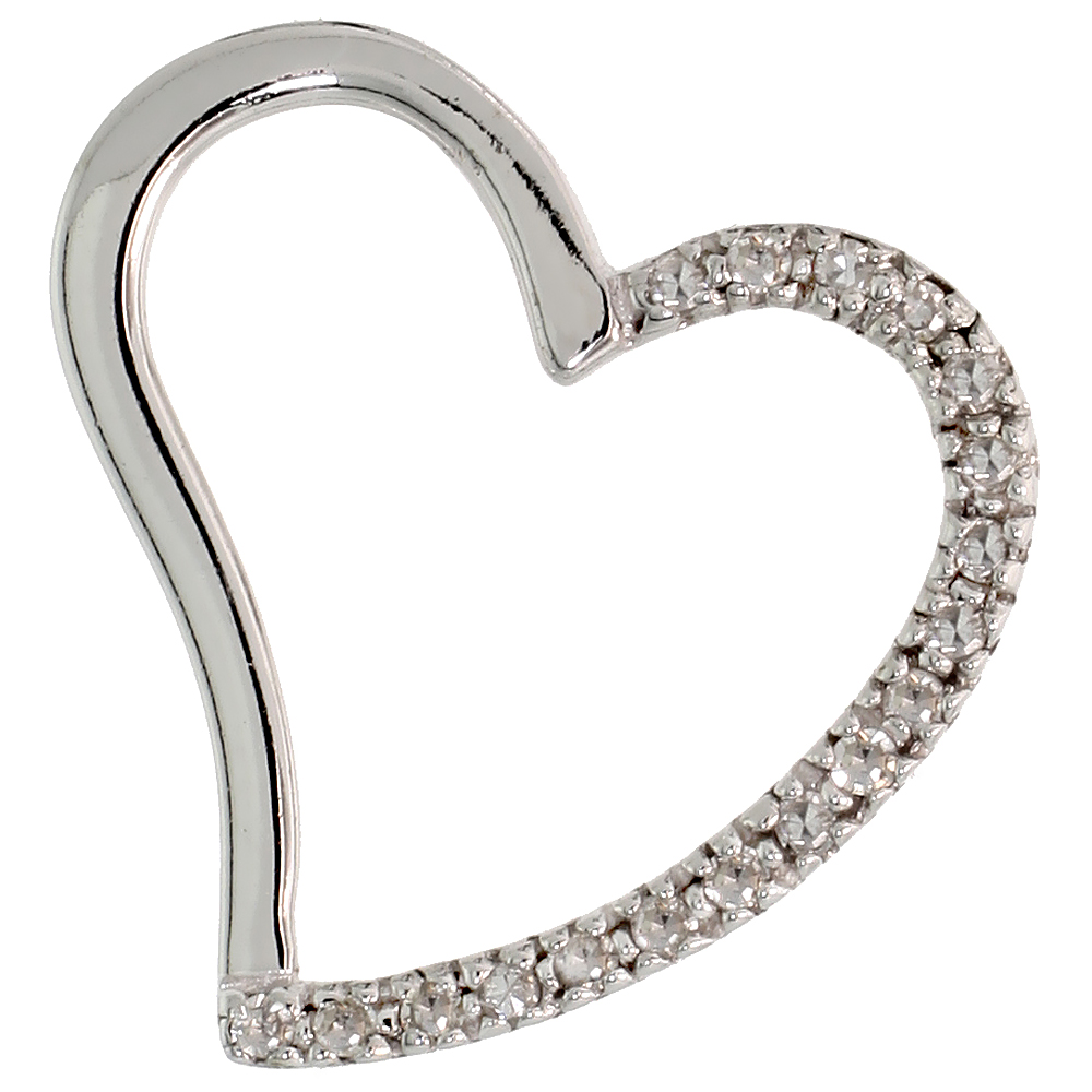 14k White Gold 3/4&quot; (19mm) tall Diamond Heart Pendant, w/ 0.15 Carat Brilliant Cut Diamonds