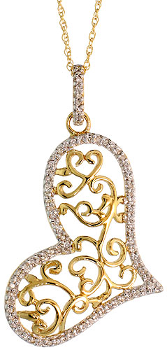 14k Gold 18&quot; Chain &amp; 1 3/8&quot; (36mm) tall Filigree Heart Diamond Pendant, w/ 0.22 Carat Brilliant Cut Diamonds