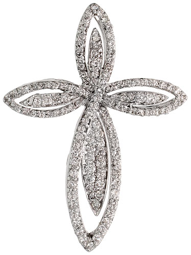 14k White Gold 1 1/4" (32mm) tall Diamond Cross Pendant, w/ 0.65 Carat Brilliant Cut Diamonds