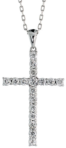 14k White Gold 18" Cable Chain & 1 3/16" (30mm) tall Diamond Latin Cross Pendant, w/ 0.90 Carat Brilliant Cut Diamonds