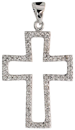 14k White Gold 7/8" (22mm) tall Diamond Cross Cut Out Pendant, w/ 0.22 Carat Brilliant Cut Diamonds