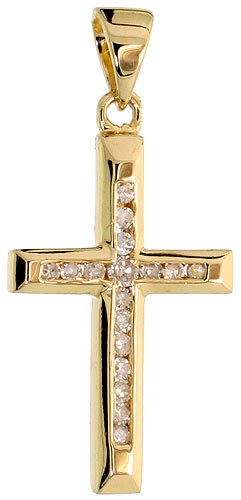 14k Gold 3/4&quot; (19mm) tall Diamond Latin Cross Pendant, w/ 0.12 Carat Brilliant Cut Diamonds