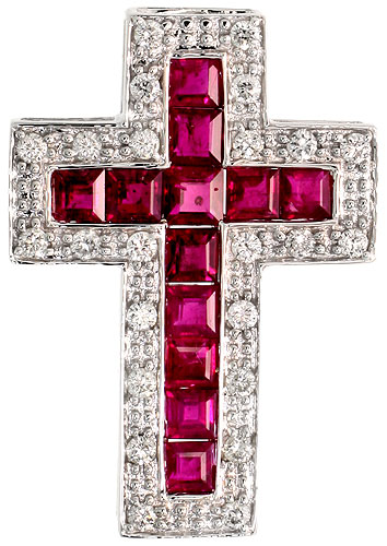 14k White Gold 1 1/8" (29mm) tall Diamond Latin Cross Pendant, w/ 0.50 Carat Brilliant Cut Diamonds & 2.54 Carats Princess Cut Ruby Stones