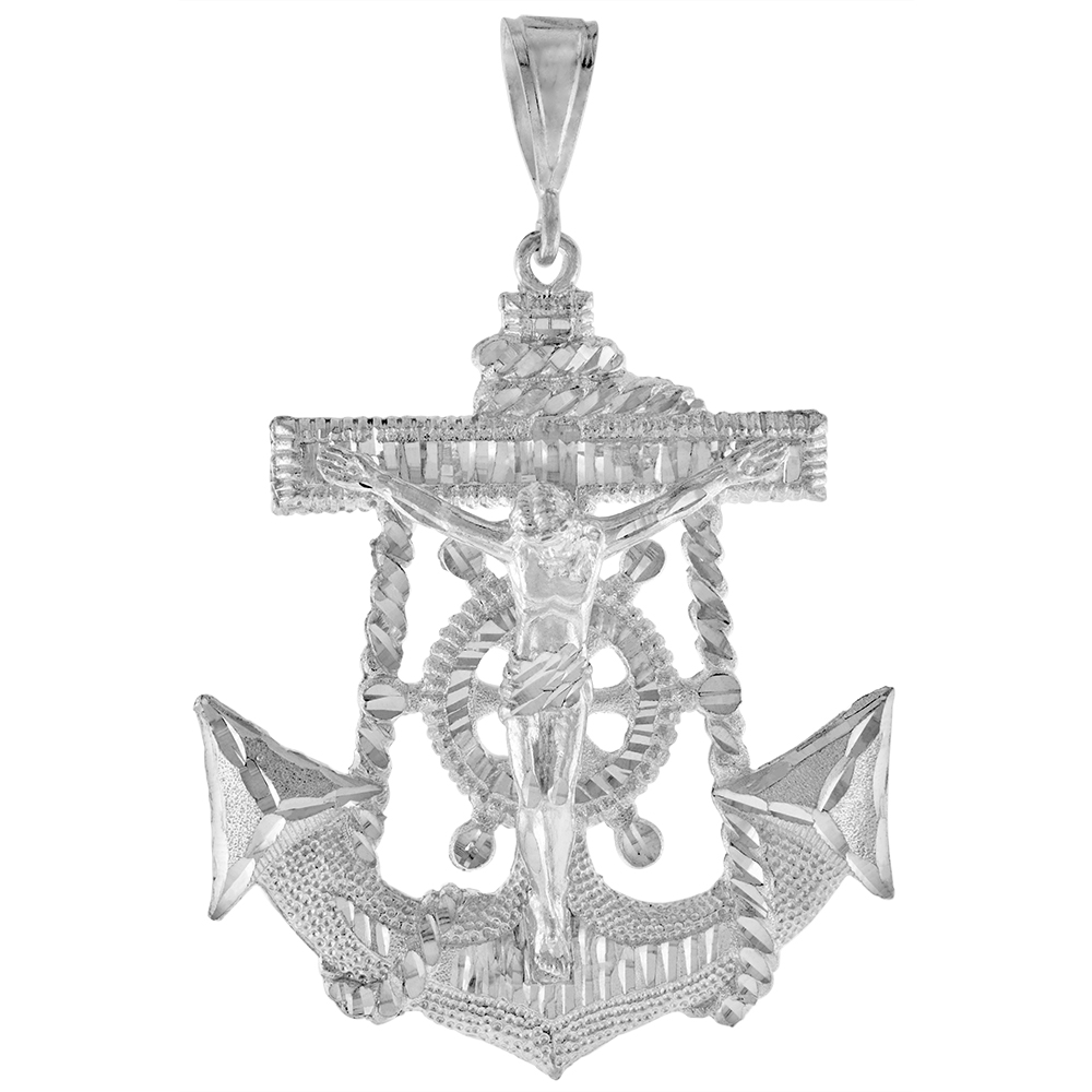 3 3/16 inch Large Sterling Silver Anchor with Crucifix Pendant for Men Diamond Cut finish