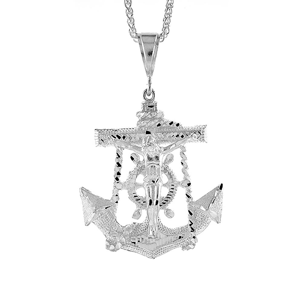 2 1/2 inch Large Sterling Silver Anchor with Crucifix Pendant for Men Diamond Cut finish