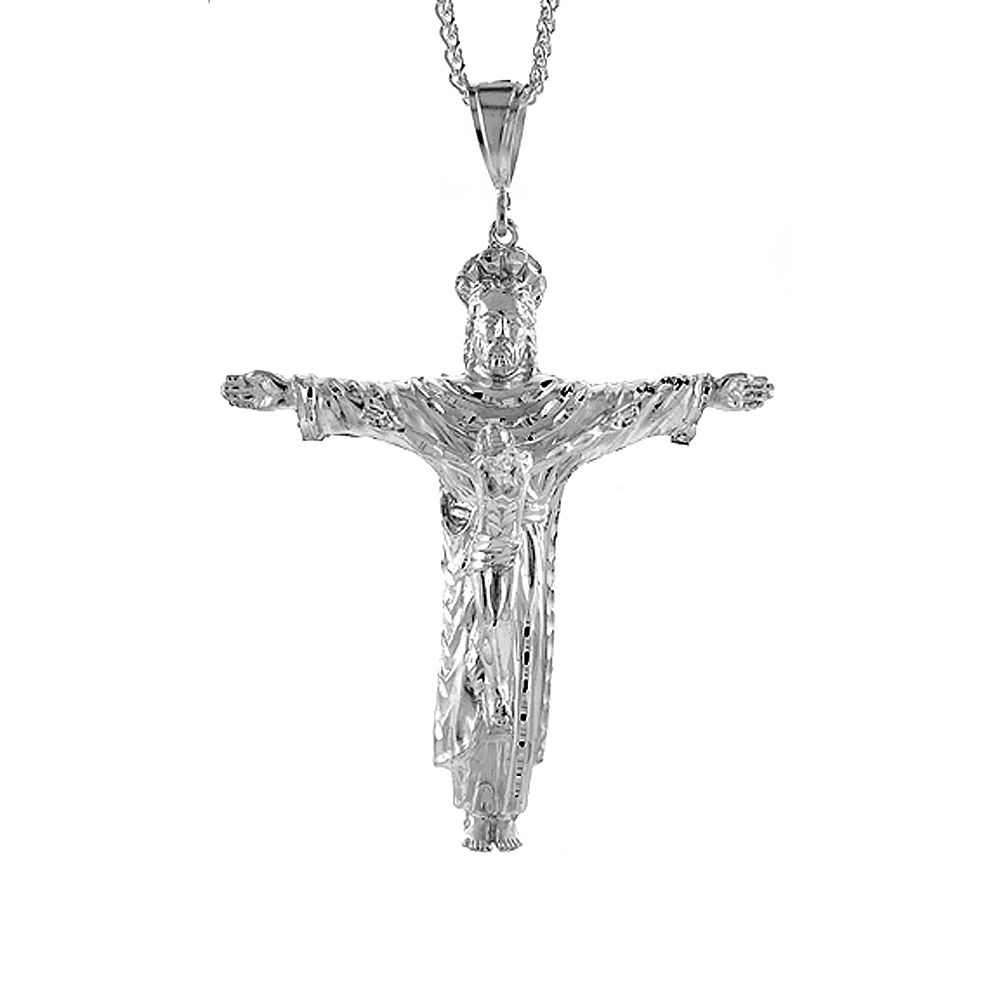 3 7/8 inch Large Sterling Silver Crucifix Pendant for Men Diamond Cut finish