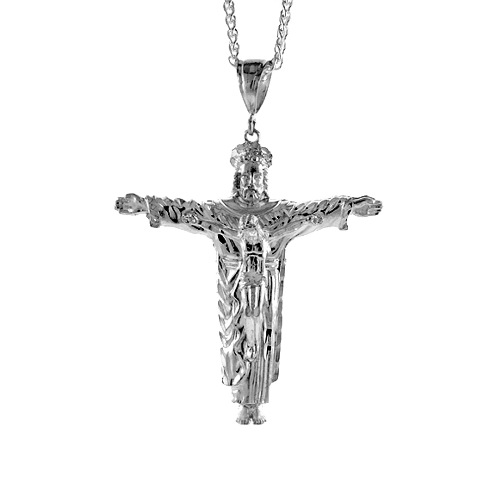 3 1/16 inch Large Sterling Silver Crucifix Pendant for Men Diamond Cut finish