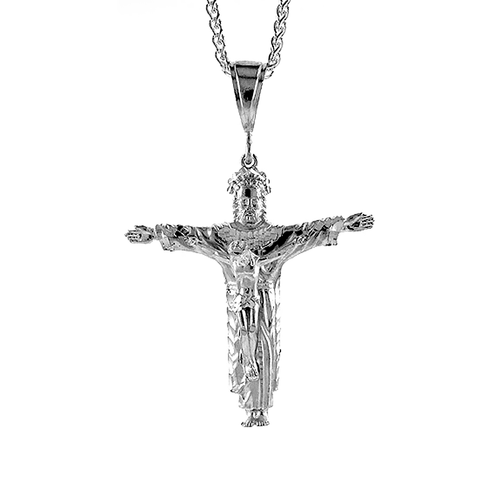 2 1/2 inch Large Sterling Silver Crucifix Pendant for Men Diamond Cut finish