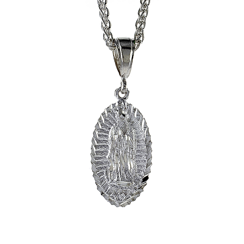 1 3/8 inch Large Sterling Silver Guadalupe Pendant for Men Diamond Cut finish