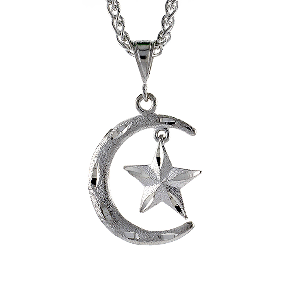1 1/4 inch Large Sterling Silver Crescent Moon and Star Pendant for Men Diamond Cut finish
