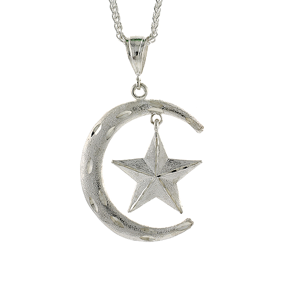 2 3/16 inch Large Sterling Silver Crescent Moon and Star Pendant for Men Diamond Cut finish