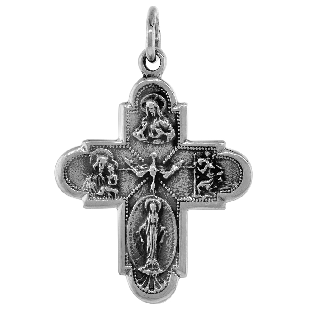 Sterling Silver Scapular 4 Way Cross Medal Necklace Oxidized finish 1.8mm Chain