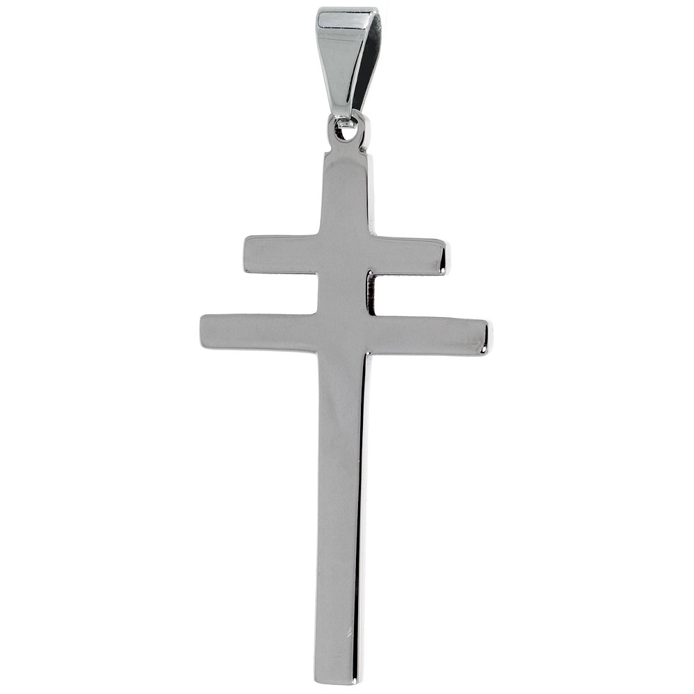 Stainless Steel Patriarchal Cross Necklace, 1 1/2 inch tall with 30 inch chain